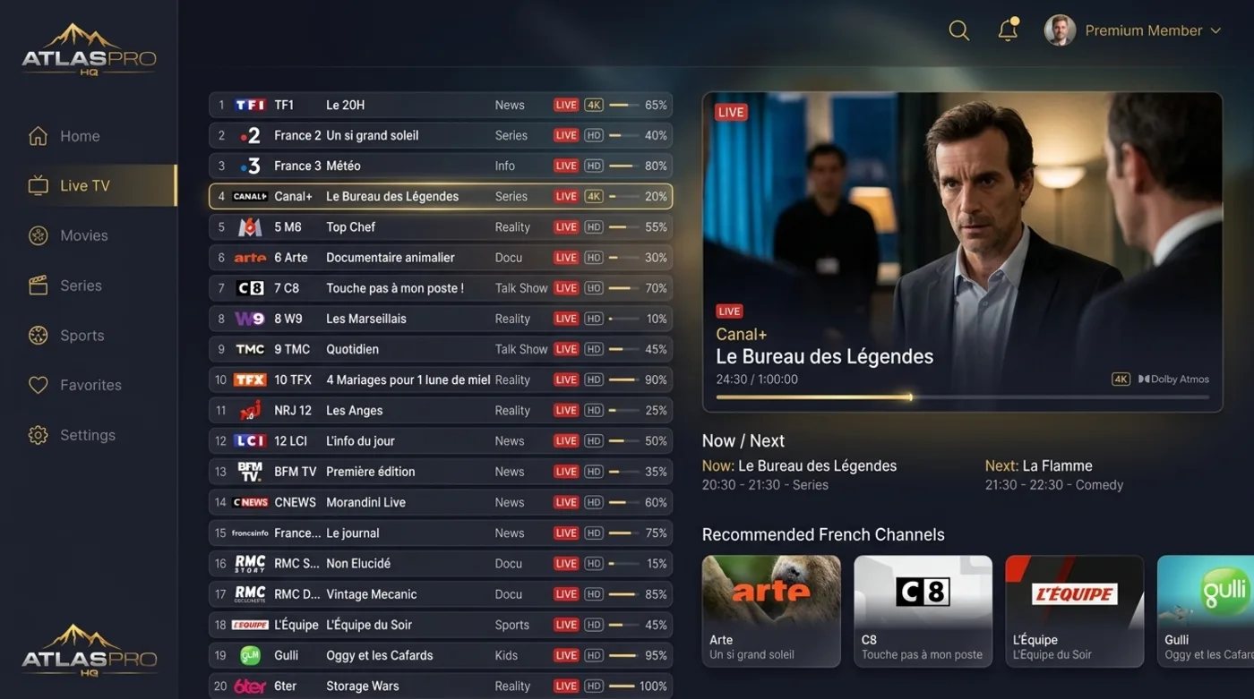 Guide des programmes Atlas Pro Max affichant la grille horaire des chaînes
