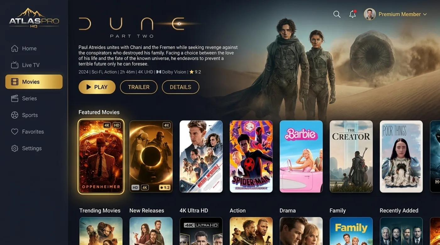 Catalogue de films et séries à la demande dans l'application Atlas Pro Max